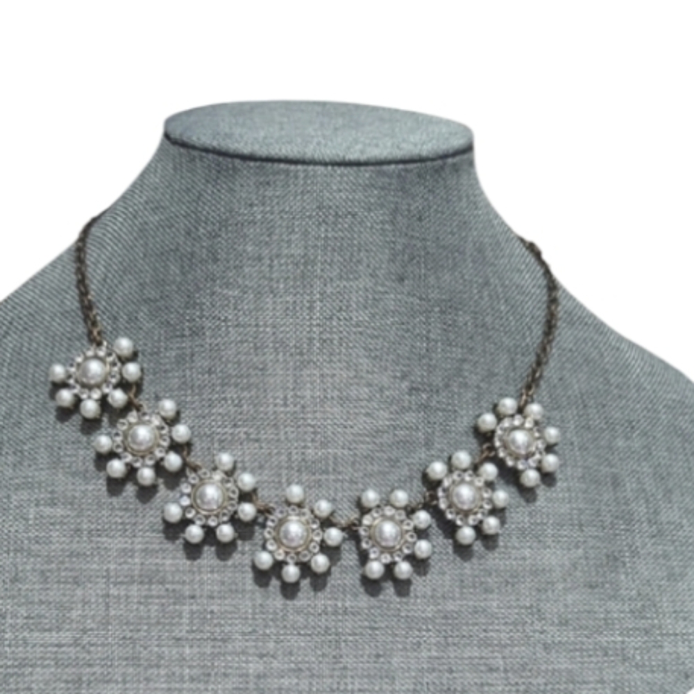 Vintage Ivory Cluster Faux Pearl & Crystal Floral Statement Necklace – Gold Tone